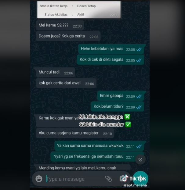 Viral Pria Pilih Mundur PDKT saat Tahu Gebetan Lulusan S2 (tiktok.com/@apt.meliana)