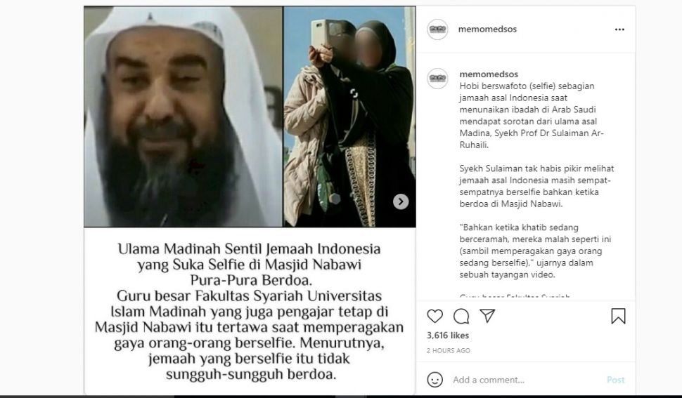 Seorang ulama Syekh Prof. Dr. Sulaiman Ar-Ruhaili mendadak menghebohkan jagat media sosial dengan menyindir jemaah haji Indonesia yang gemar selfie di depan Masjid Nabawi, Madinah. [Instagram @memomedsos]