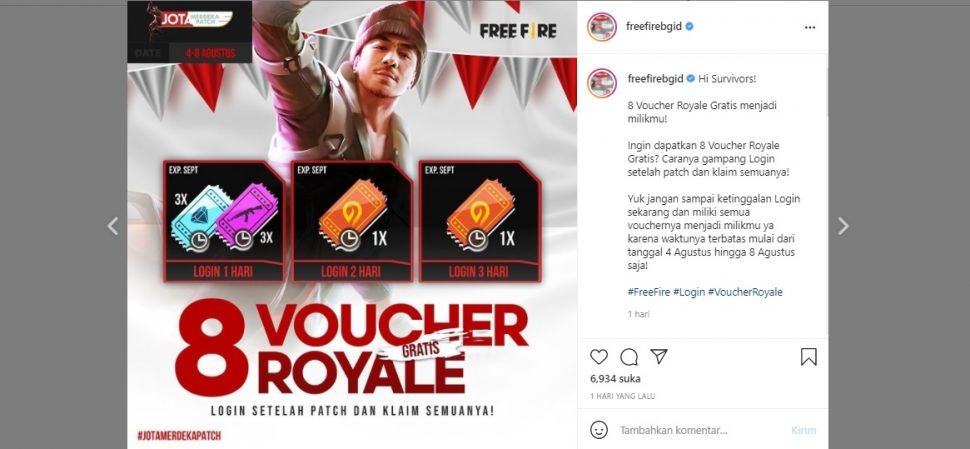 Cara dapat voucher gratis Free Fire, event Merdeka Patch (instagram/freefirebgid)