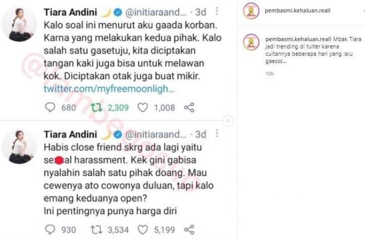 kicauan Tiara Andini tentang Pelecehan seksual. [Foto: tangkapan layar]