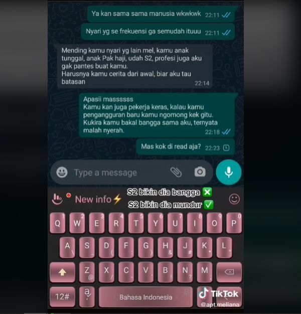 Viral Pria Pilih Mundur PDKT saat Tahu Gebetan Lulusan S2 (tiktok.com/@apt.meliana)