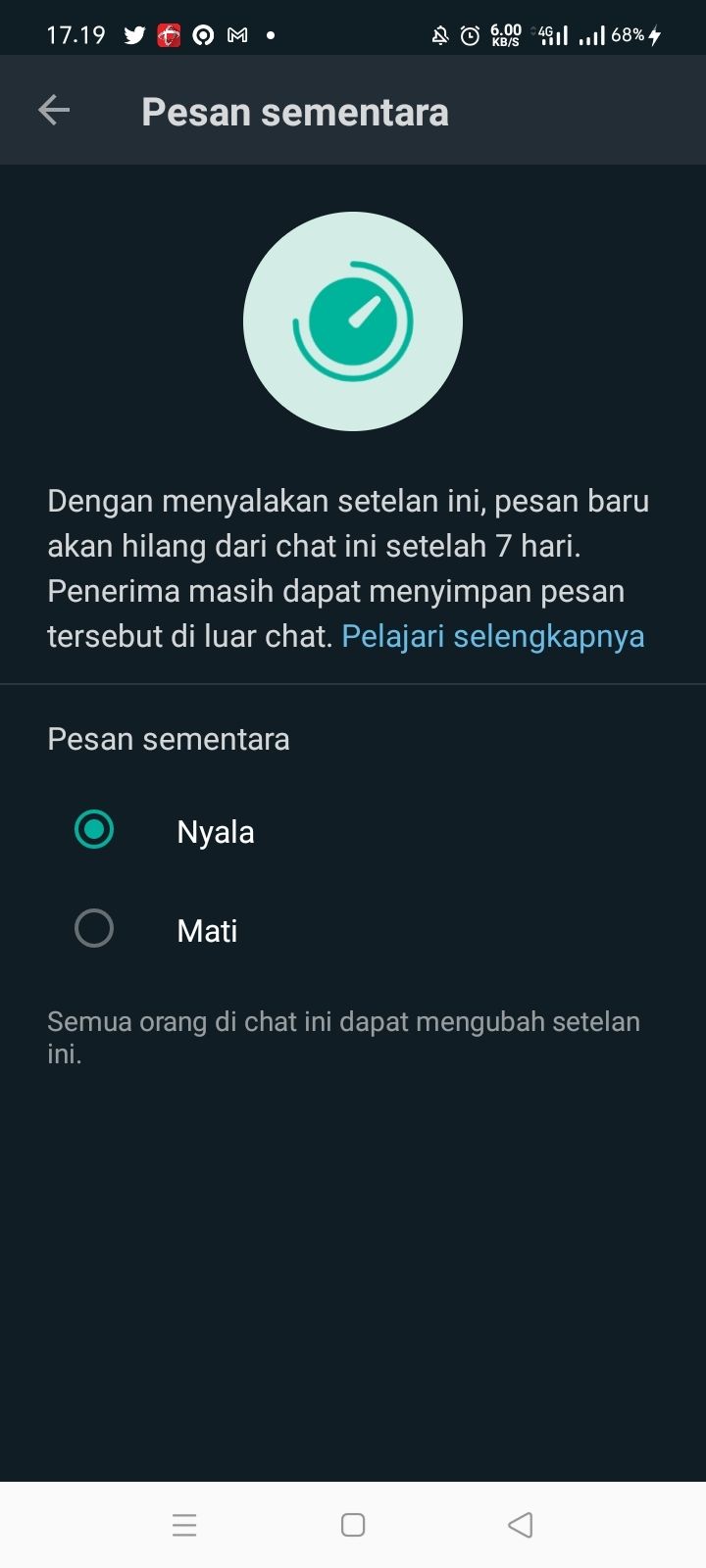 Fitur pesan sementara di WhatsApp. (WhatsApp)