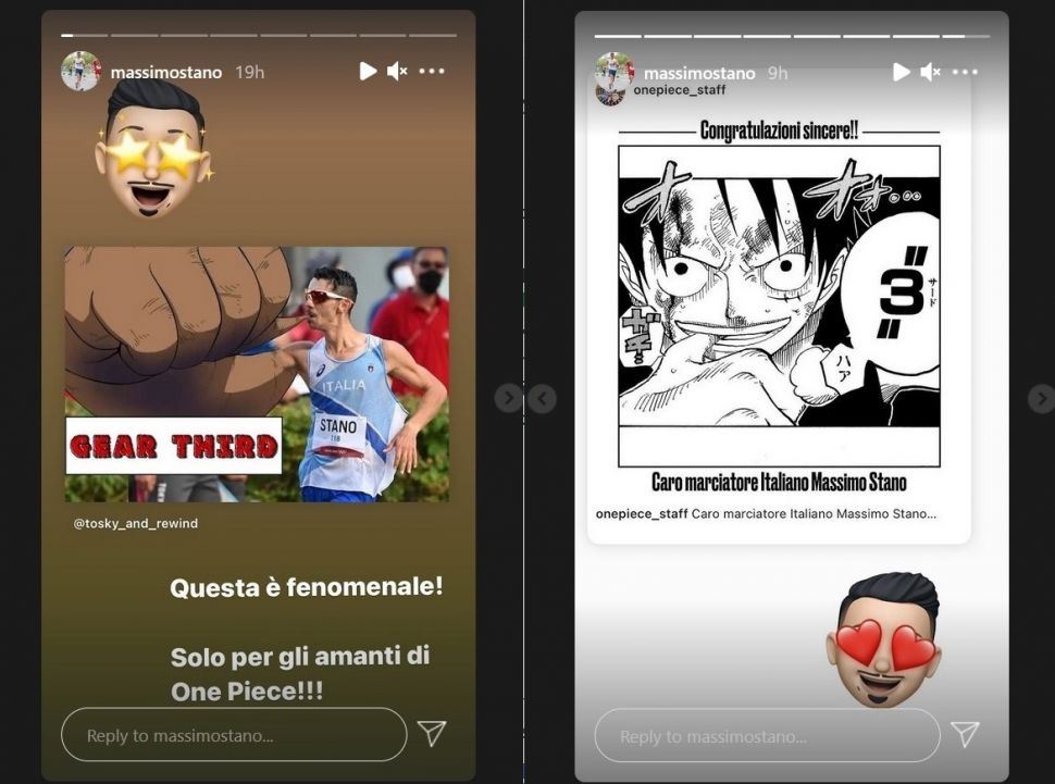 Potongan IG stories di akun Instagram atlet Massimo Stano terkait pose Gear Third ala Monkey D Luffy tokoh One Piece saat meraih medali emas jalan cepat Olimpiade Tokyo. [Instagram/capture]