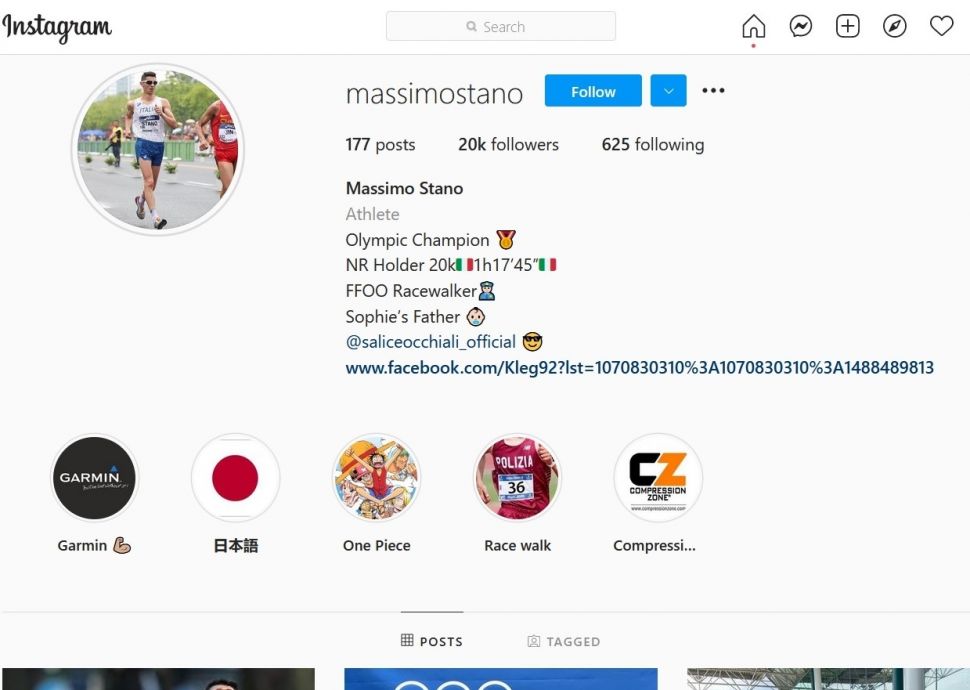 Akun Instagram (IG) atlet Massimo Stano yang viral berpose Gear Third ala Monkey D Luffy tokoh One Piece saat meraih medali emas jalan cepat Olimpiade Tokyo. [Instagram/capture]