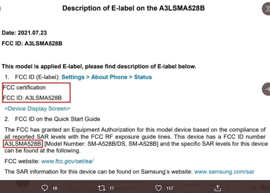 Samsung Galaxy A52s muncul di FCC. (Twitter/ yabhishekhd)