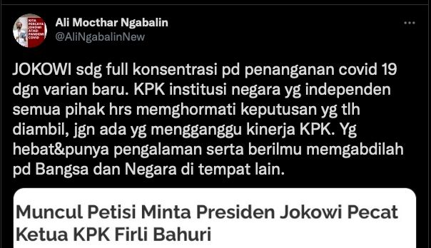 Ngabalin mengomentari petisi pecat Ketua KPK Firli Bahuri [Twitter]