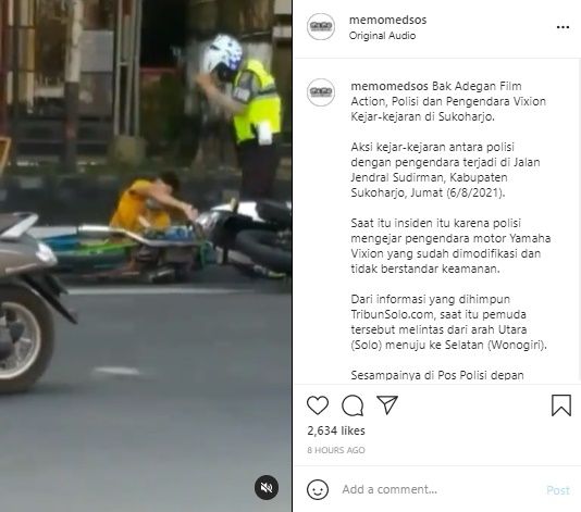 Viral Video Pemotor Kejar-kejaran Sampai Di-Smackdown Polisi di Sukoharjo. (Instagram/@memomedsos)