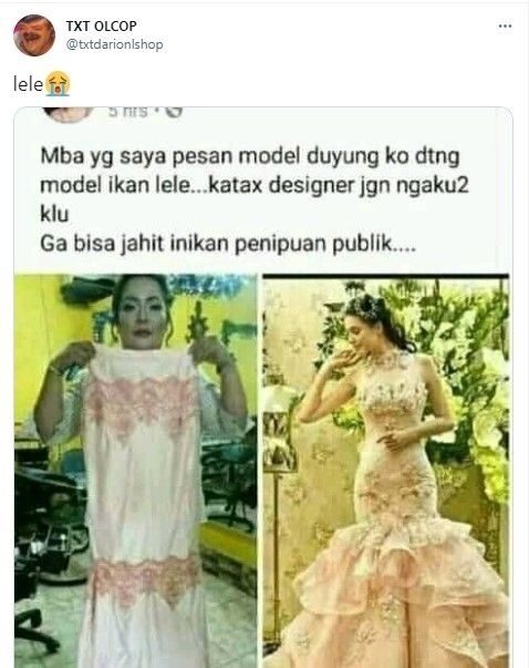 Pedan gaun model duyung malah dapat baju lele (Twitter)
