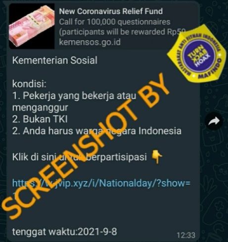 CEK FAKTA Link Pendaftaran Bansos Rp 500 Ribu dari Kemensos. (Turnbackhoax.id)