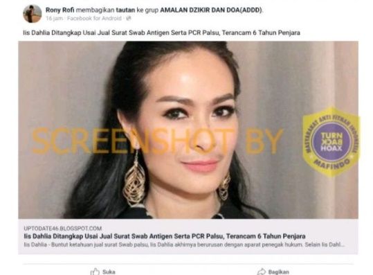 CEK FAKTA Iis Dahlia Ditangkap Polisi Usai Jual Surat Swab Antigen Palsu. (Turnbackhoax.id)