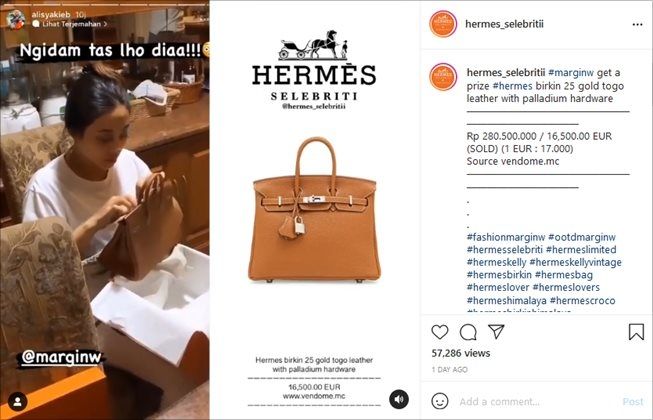Istri Ali Syakieb ngidam tas mewah. (Instagram/@hermes_selebritii)