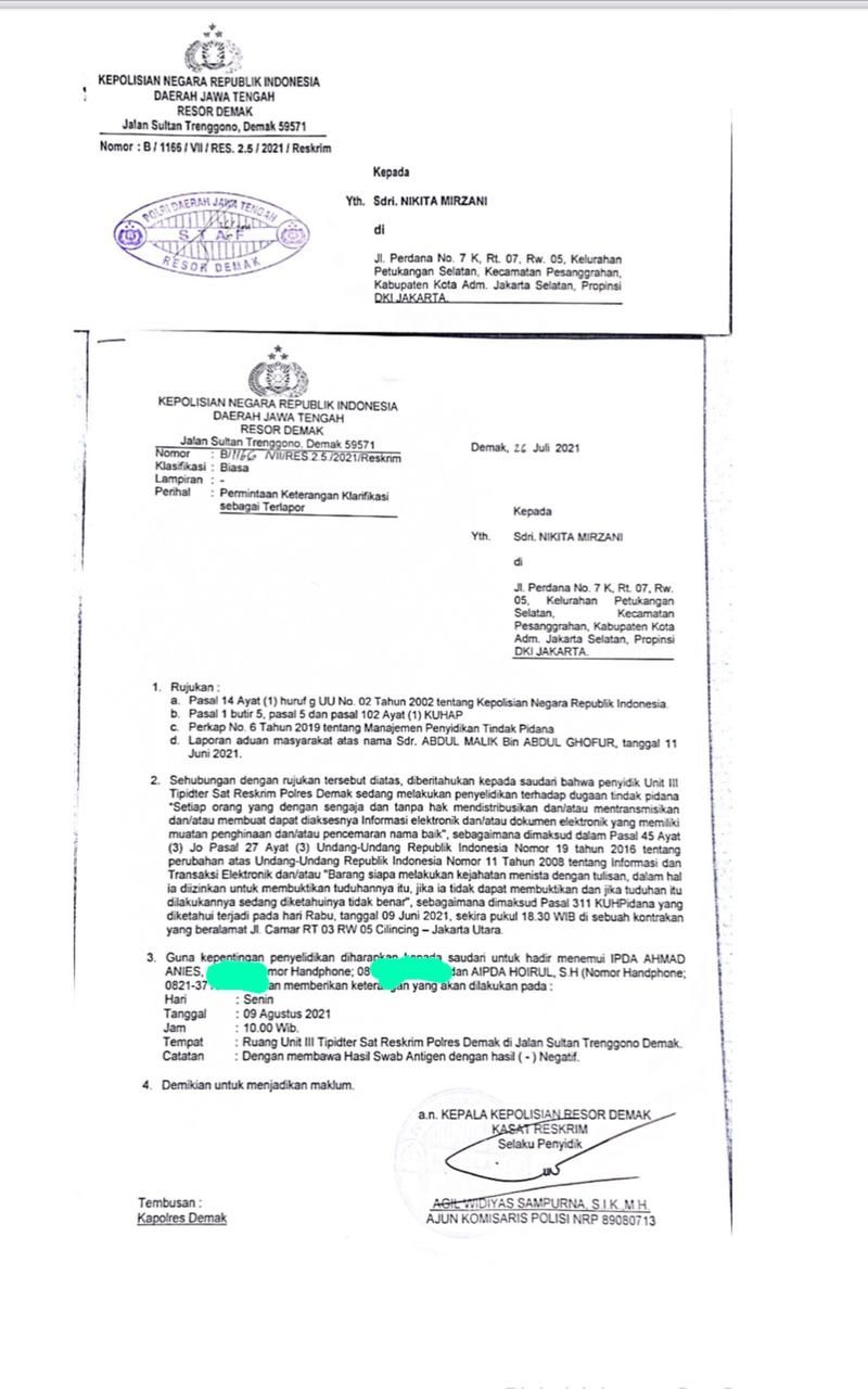 Surat pemanggilan terhadap Nikita Mirzani oleh pihak kepolisian [Istimewa]