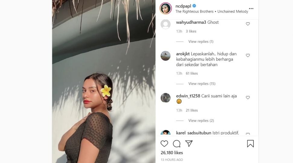 Tangkapan layar unggahan istri jerinx SID, Nora Alexandra. Warganet pun turut simpatik dan menyarankan mencari suami yang lain. [Instagram]