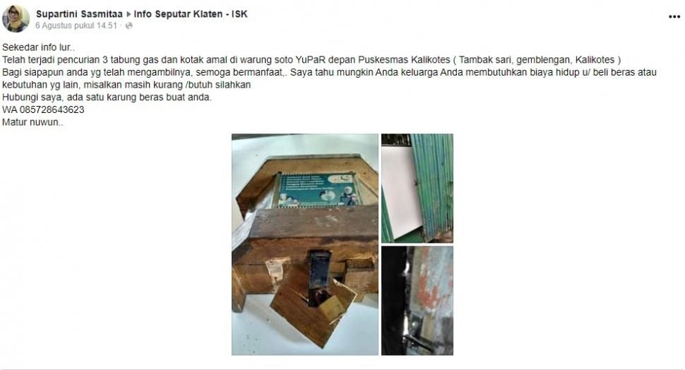 Pemilik warung yang dibobol maling mau beri hadiah untuk pelaku (FB)