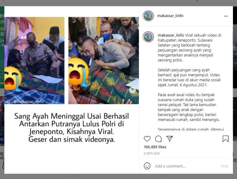 Tangis bintara polisi peluk jasad ayahnya (Instagram)