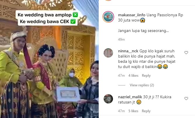 Viral tamu undangan beri kado pernikahan cek Rp 30 juta. (Instagram/makassar_iinfo)