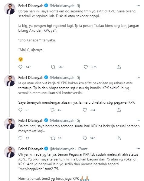 Cerita Febri Diansyah ada pegawai KPK malu pekerjaannya diketahui orang (Twitter)