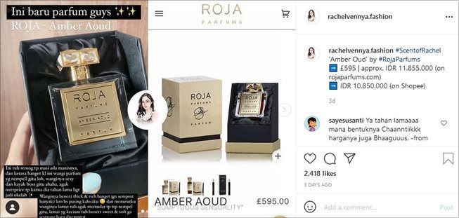 Salah satu parfum favorit Rachel Vennya, harganya belasan juta. (Instagram/@rachelvennya.fashion)