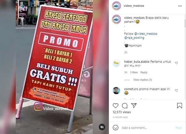 Viral Warung Bakso Tawarkan Promo Yang Bikin Naik Darah. (Instagram/@video_medsos)