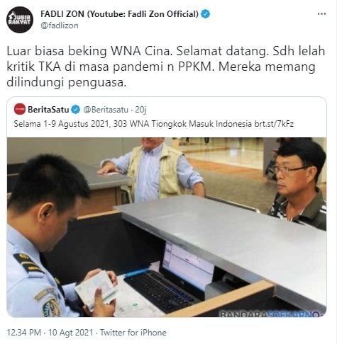 Fadli Zon lelah kritik TKA China masuk Indonesia (Twitter/fadlizon)