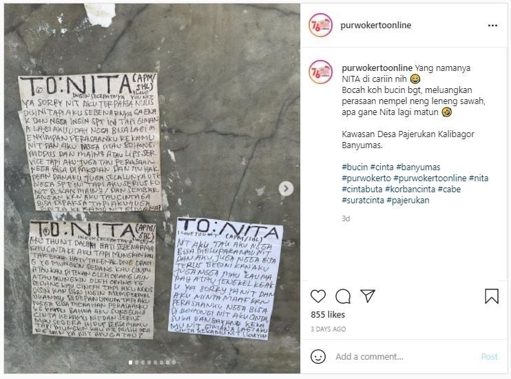 Viral Pria Bikin Surat Cinta, Ditempel di Tepi Sawah (instagram.com/purwokertoonline)