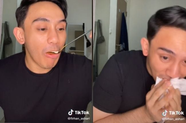 Viral Pria Coba Tren Makan Bawang Putih Pakai Mayones, Endingnya Malah Bikin Kasihan. (TikTok/Farhan_ashari)