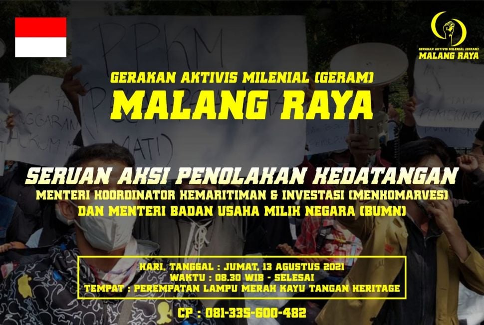 Poster menyerukan demo menolak kedatangan Menko Marves sekaligus Koordinator PPKM Jawa Bali, Luhut Binsar Pandjaitan ke Malang. [Foto: istimewa]