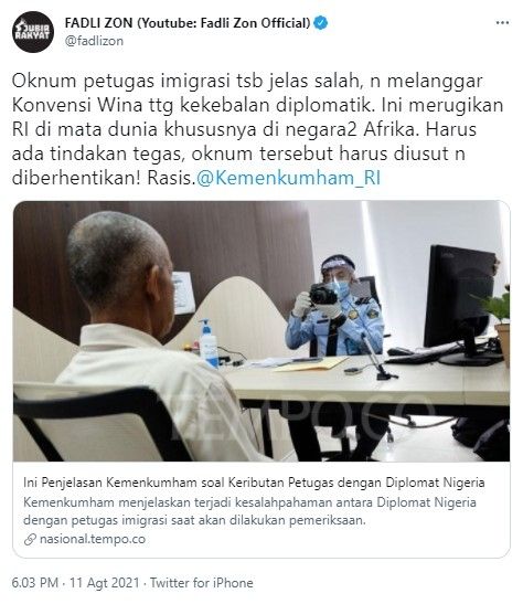 Fadli Zon desak petugas Imigrasi aniaya diplomat Nigeria diberhentikan (Twitter)