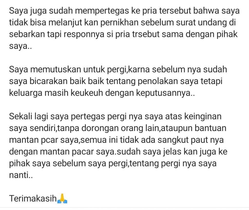 Tangkapan layar klarifikasi pengantin wanita via Instagram. [Instagram]