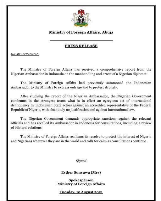 Press Release Juru Bicara Kementerian Luar Negeri Nigeria.