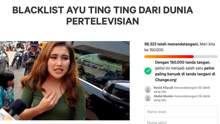 Petisi blacklist Ayu Ting-Ting makin ramai ditandatangani [Change.org]