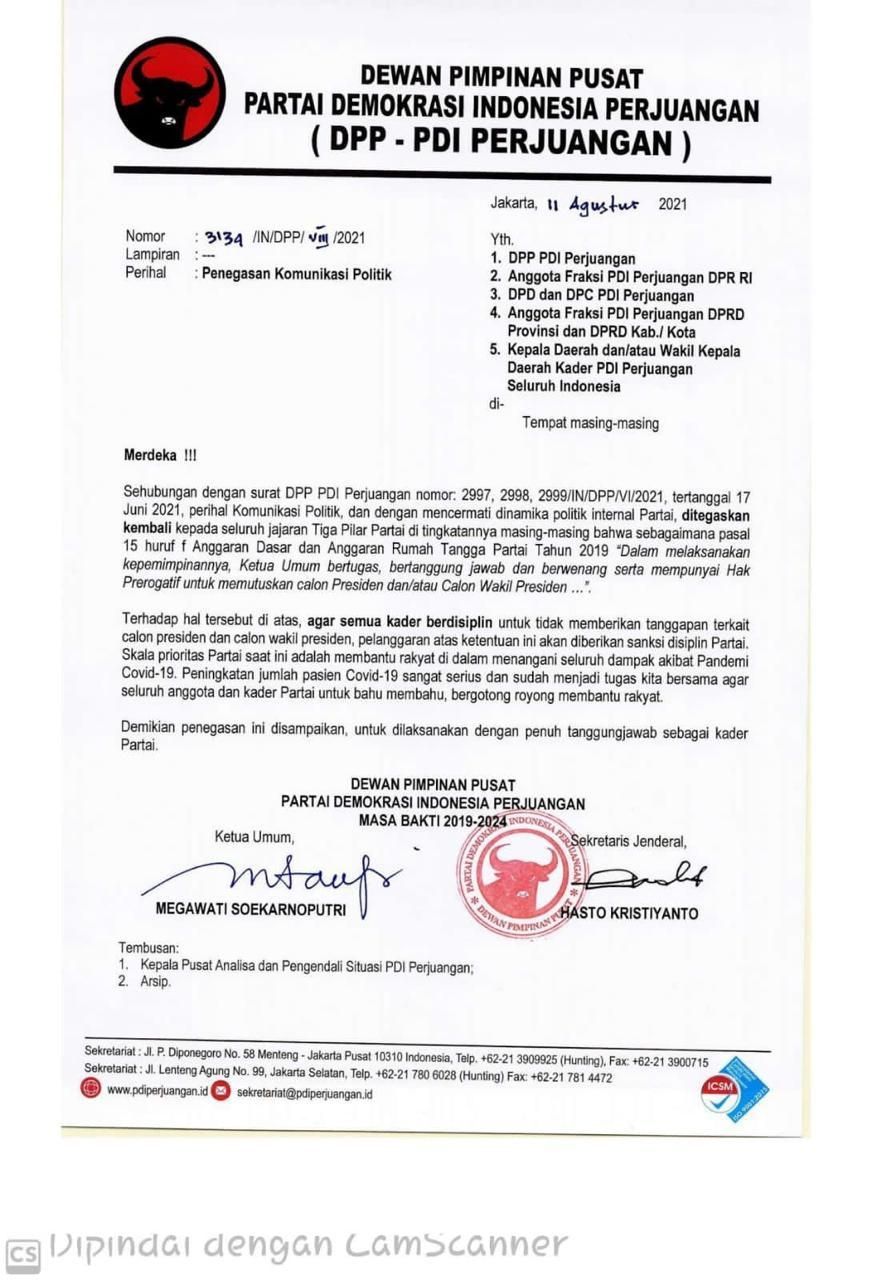 Surat edaran DPP PDIP yang melarang kadernya bicarakan capres dan cawapres. [ist]