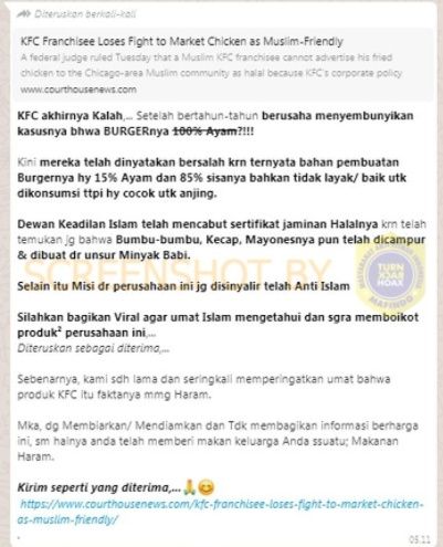 CEK FAKTA Burger Ayam KFC Bumbu-bumbunya Mengandung Babi. (Turnbackhoax.id)