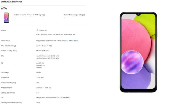 Samsung Galaxy A03s muncul di Google Play Console. (Google Play Console via MySmartPrice)