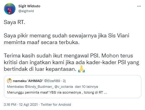 PSI desak Viani Limardi minta maaf secara terbuka (Twktter)