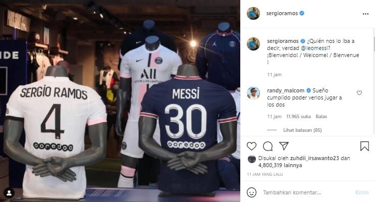 Sergio Ramos memberikan sambutan terhadap kehadiran Lionel Messi di PSG. (Instagram/@sergioramos)