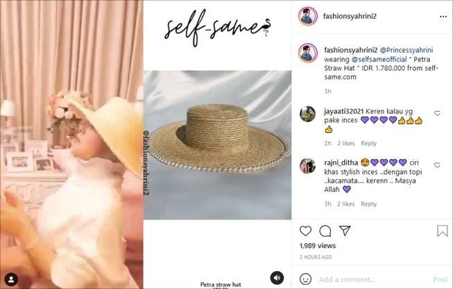 Syahrini pakai topi jerami berhias mutiara. (Instagram/@fashionsyahrini2)