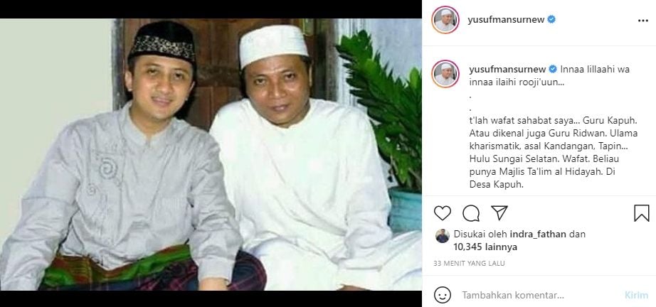 Kenangan Ustaz Yusuf Mansur dan Tuan Guru Kapuh. (Instagram/@yusufmansurnew)