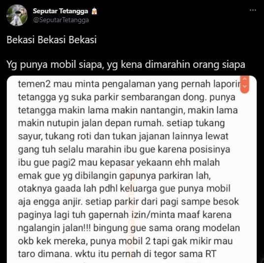 Tetangga parkir sembarangan. (Twitter/seputartetangga)