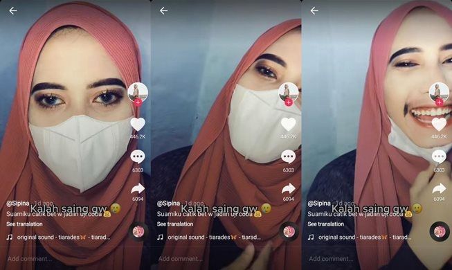 Viral istri dandani suami pakai hijab dan makeup, hasilnya bikin cewek insecure. (TikTok/@vinadayantiid)