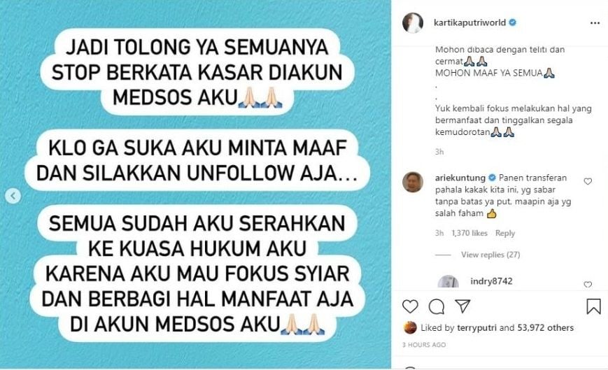 Postingan Kartika Putri (Instagram.com)