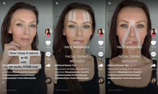 Viral rahasia kulit kencang ala wanita ini, pakai selotip wajah. (TikTok/@naturalfacebible)
