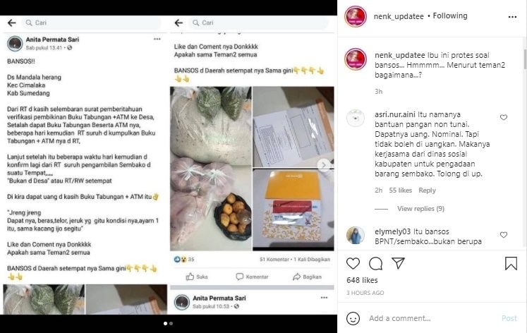 Viral Ibu-ibu Protes Diberi Bansos Sembako Bukan Uang Tunai. (Instagram/@nenk_updatee)