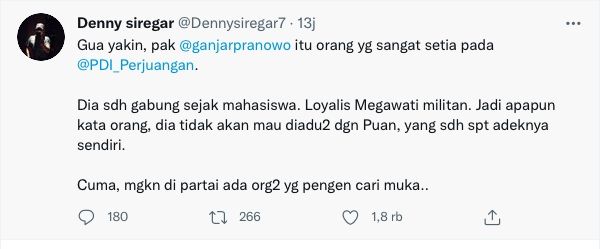 Cuitan Denny Siregar menyindir seandainya Ganjar Pranowo tak dicalonkan oleh PDIP. [Twitter]