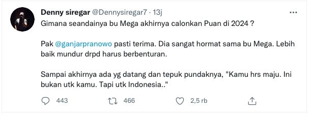 Cuitan Denny Siregar menyindir seandainya Ganjar Pranowo tak dicalonkan oleh PDIP. [Twitter]