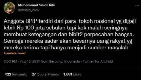 Said Didu Bongkar Anggota BPIP Digaji Rp 100 Juta Oleh Rakyat. (Twitter/@msaid_didu)