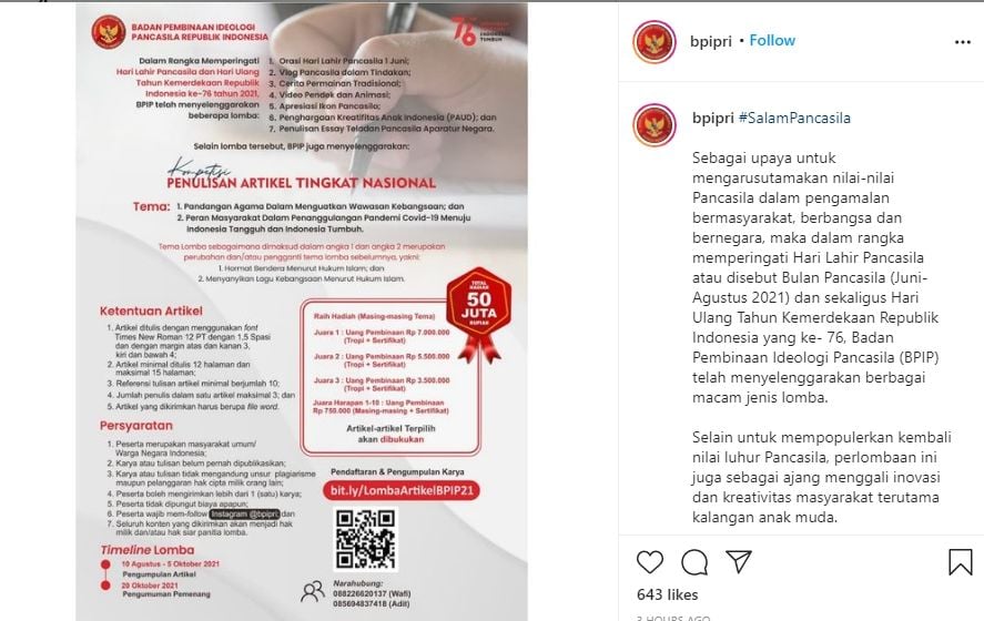 BPIP meminta maaf dan merevisi tema lomba penulisan artikel. (Instagram/bpip)