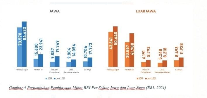 Pertumbuhan Pembiayaan Mikro BRI Per Sektor Jawa dan Luar Jawa (BRI, 2021)