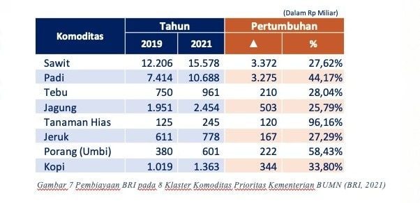 Pembiayaan BRI pada 8 Klaster Komoditas Prioritas Kementerian BUMN (BRI, 2021)