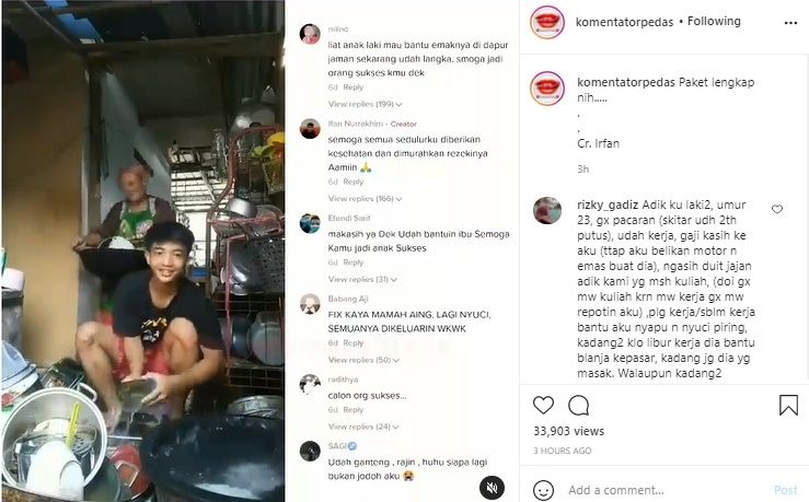 Viral Bocah Cowok Bantu Ibu Cuci Piring. (Instagram/@komentatorpedas)